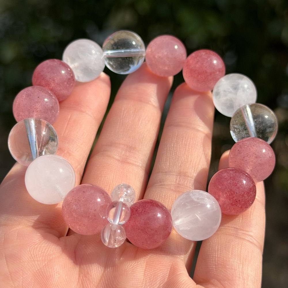 13mm stretchable strawberry quartz, clear‎ quartz, white quartz bracelet 1130